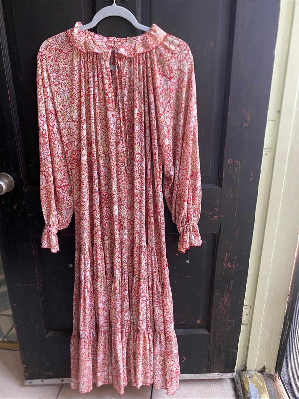 Free People Pink Floral Ruffle Neck Tiered Maxi Dress